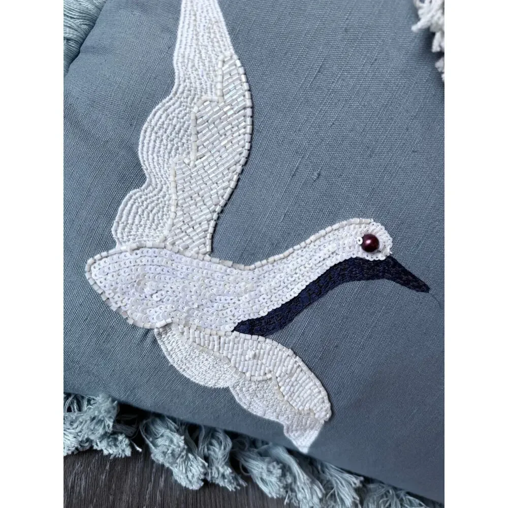 LOLOI Justina Blakeney blue beaded Egret bird embellished accent throw pillow